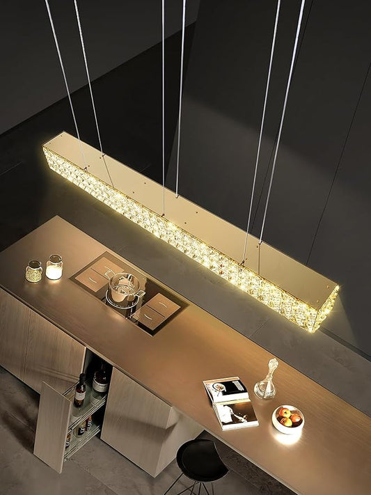 ykolupty W48 Rectangular Gold Crystal Chandelier Modern Rectangle Pendant Ceiling Light Fixture for Living Room Dining Room Kitchen Island Bar