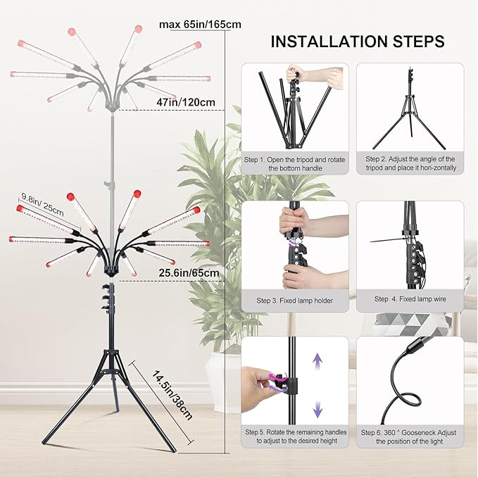 FRGROW 10Head Grow Light with Stand for Tall&Large Indoor Plants, Bonsai Tree, Big Coverage and Bright Plant Growing Lamps, 4/8/12/16/20H Timer, 90 Watt Power Draw, NO Need Adapter, 360° Gooseneck