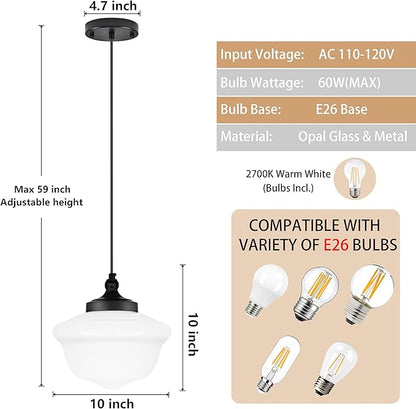 Bagood 10" Black Schoolhouse Light Fixture Milk Glass Pendant Light Schoolhouse Pendant Light Milk Glass Light Fixture Mid Century Modern Ceiling Light for Bedroom Bathroom Kitchen Island (Bulb Incl)