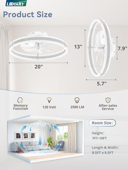 LEDIARY Ceiling Fans with Lights and Remote, 20'' Low Profile Ceiling Fan with Light, 3000-6000K Dimmable Fandelier Ceiling Fans, Modern Flush Mount Fan Light for Bedroom with 6 Wind Speeds- White