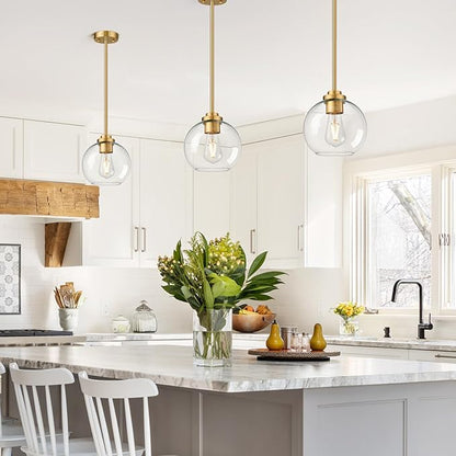 1 Pack 7.2-Inch Globe Pendant Lights, Mid Century Gold Pendant Light Fixtures, Globe Pendant Lights Kitchen Island with Milk Glass Shade Adjustable Hanging Fixture for Dining Room (Bulbs not Included)