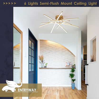 Gold LED Chandelier Semi Flush Mount Ceiling Light, 65W Remote Control Ceiling Lighting Fixture for Living Room Dining Room Kitchen Bedroom 32.8” Close to Ceiling Light Dimmable 3000K-6000K