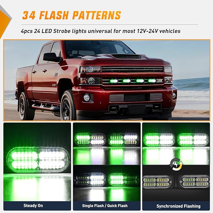 Nilight 4PCS 24LED Emergency Strobe lights 12V 24V Green White Surface Mount Grille Hazard Safety Warning Light Sync Feature Side Flashing Marker Flash for Car Truck Campers