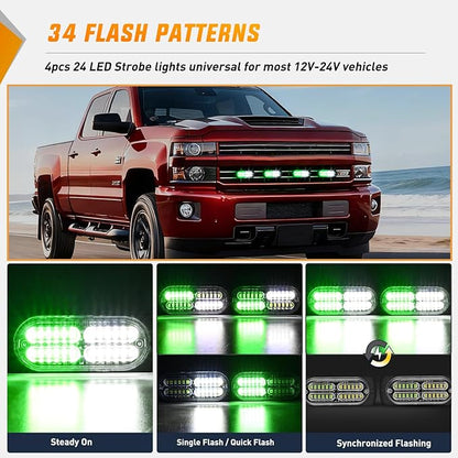 Nilight 4PCS 24LED Emergency Strobe lights 12V 24V Green White Surface Mount Grille Hazard Safety Warning Light Sync Feature Side Flashing Marker Flash for Car Truck Campers