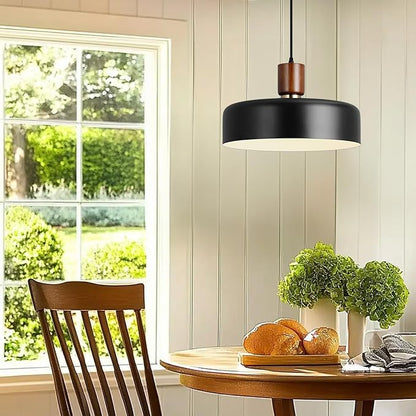 Industrial Pendant Light, Rubber Wood Dome Hanging Lamp with 15.8" Hammered Metal Shade, Black Modern Light Fixtures for Kitchen Island, Living Room,Restaurant,Farmhouse Dining Room, Bedroom, Hallway