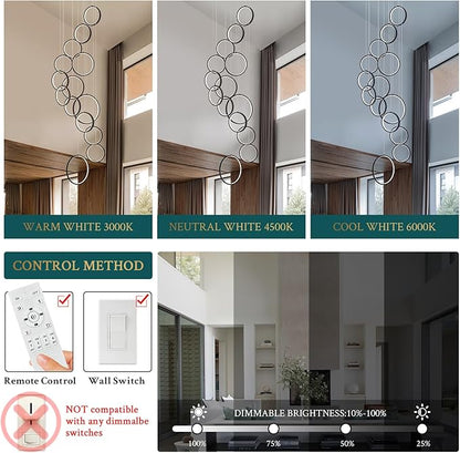 14 Rings Modern LED Chandelier for High Ceiling Dimmable Black Contemporary Foyer Long Chandelier for Entryway, Long Pendant Light Fixture Staircase Dining Living Room, 3000-6500K