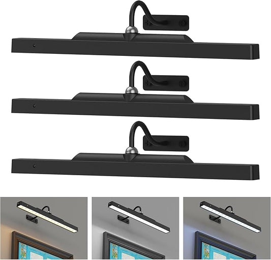 3Pack Picture Light Battery Operated, 16in Picture Light for Wall, 5000mAh Cordless Wall Lights with Controller,Art Light with Dimmable Cordless for Wall Painting,Frame, Portrait, Dartboard- Black
