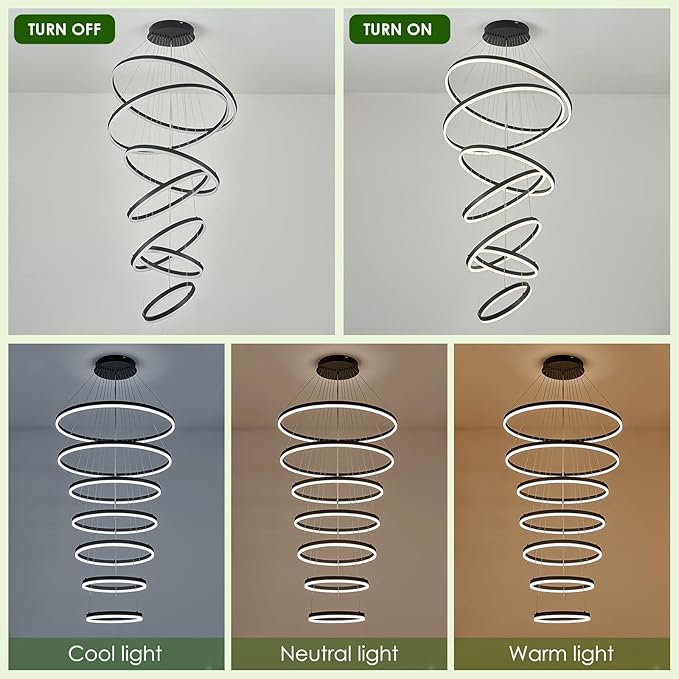 7-Rings D31.5’’ Modern LED Chandelier Black Dimmable High Ceiling Chandeliers Foyer with Remote Control for Staircase Entryway Dining Room Living Room, 3000K-6500K