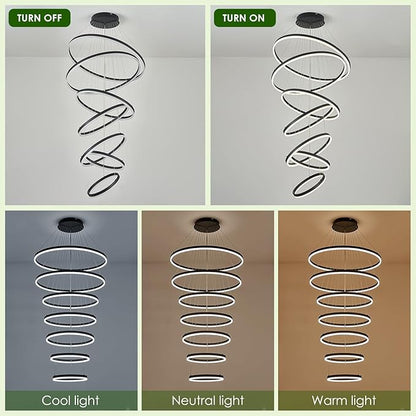7-Rings D31.5’’ Modern LED Chandelier Black Dimmable High Ceiling Chandeliers Foyer with Remote Control for Staircase Entryway Dining Room Living Room, 3000K-6500K