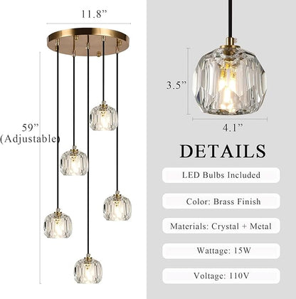 Modern Dining Room Chandelier, Round Crystal Ceiling Pendant Lighting, Brass Raindrop Hanging Lights for Kitchen Island Living Room Farmhouse