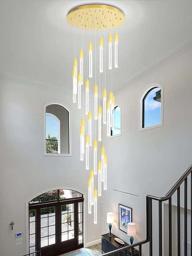Flashing God Gold 28 Lights Large Foyer Chandeliers for High Ceilings 12 feet Long Spiral Stair Pendant Chandelier Crystal Ceiling Light Fixtures Dimmable 2700k-4500k-6000k