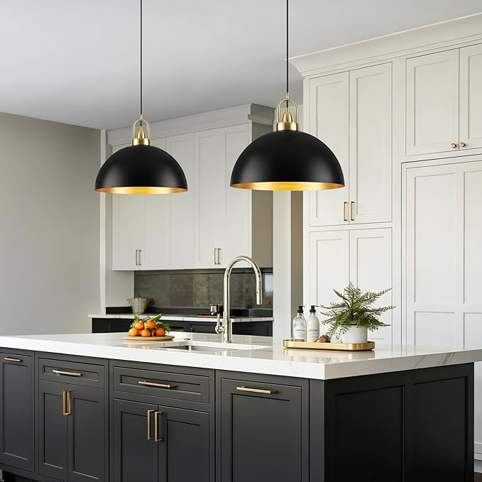 16'' Large Black Pendant Lights for Kitchen Island Lighting, 2-Pack Modern Farmhouse Industrial Dome Hanging Ceiling Pendant Lighting Fixture for Dining Room, Bar, Living Room
