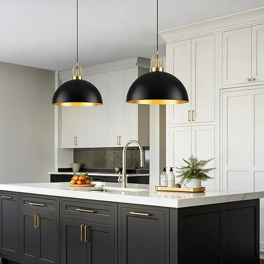 16'' Large Black Pendant Lights for Kitchen Island Lighting, 2-Pack Modern Farmhouse Industrial Dome Hanging Ceiling Pendant Lighting Fixture for Dining Room, Bar, Living Room