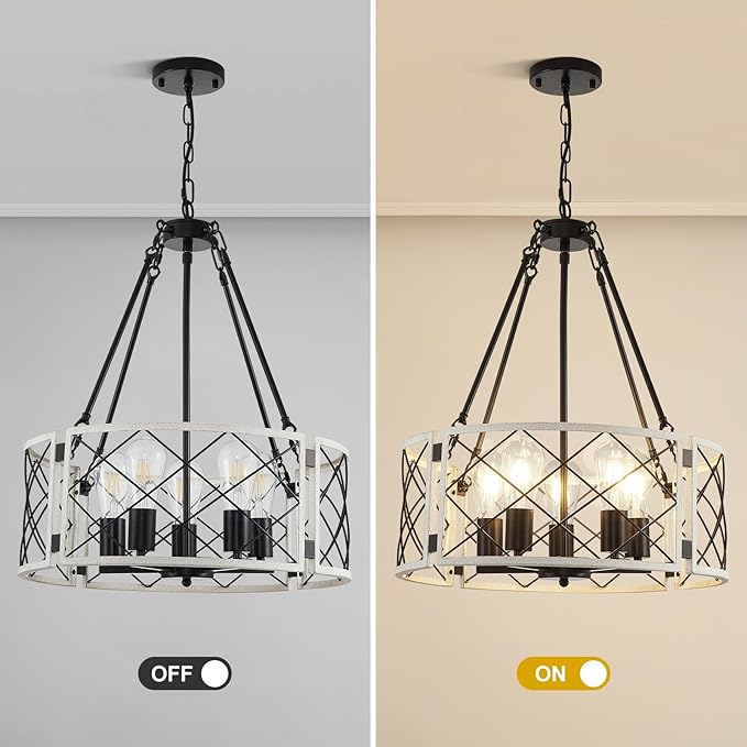21'' Farmhouse Chandelier, 5-Light Black & Vintage White Dining Room Light Fixture Over Table, Rustic Industrial Drum Hanging Pendant Lights for Kitchen Island Living Room Bedroom Hallway Entryway