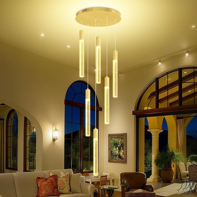 Luxury 6 Light Modern Crystal Pendant Light - 71" High Ceiling Gold LED Dimmable Pendant Light for Bedside Island Kitchen Living Room