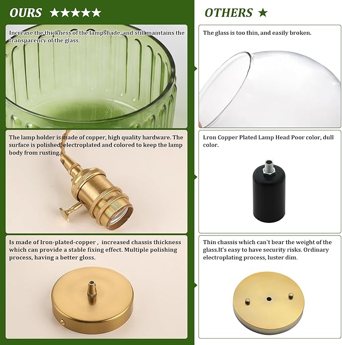 Shenmoyl Pendant Light with Green Striped Glass Lmapshade, Brass Vintage Pendant Light Adjustable Hanging Light for Kitchen Island Dining Room Hallway