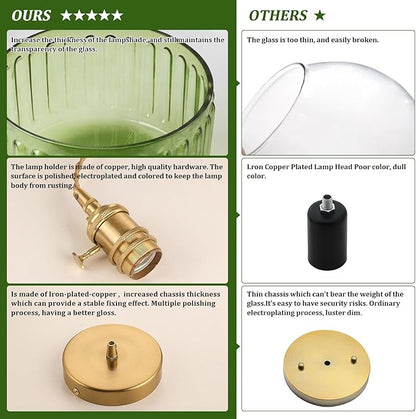 Shenmoyl Pendant Light with Green Striped Glass Lmapshade, Brass Vintage Pendant Light Adjustable Hanging Light for Kitchen Island Dining Room Hallway
