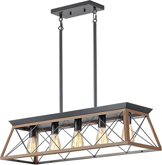 5-Light Dining Room Chandelier Over Table, Farmhouse Kitchen Island Lighting, Adjustable Height Chandeliers for Kitchen, Dining Room Table Walnut