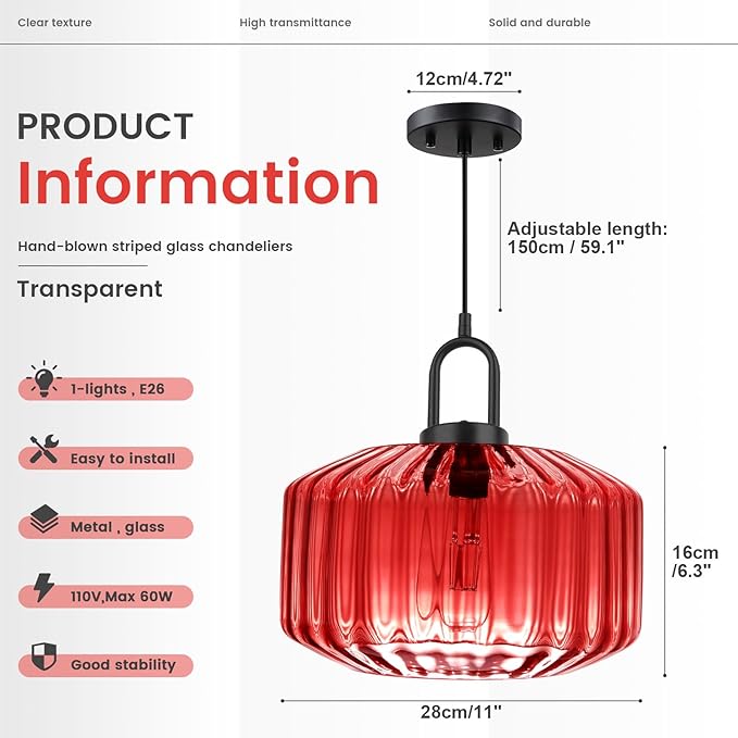 Kitchen Island Pendant Light Fixture Red Glass Hanging Lights with 11" Hand Blown Glass Shade Vintage Modern Ceiling Pendant Lighting Black Metal Finish Dining Room Adjustable Height