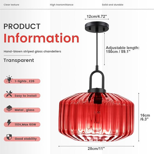 Kitchen Island Pendant Light Fixture Red Glass Hanging Lights with 11" Hand Blown Glass Shade Vintage Modern Ceiling Pendant Lighting Black Metal Finish Dining Room Adjustable Height
