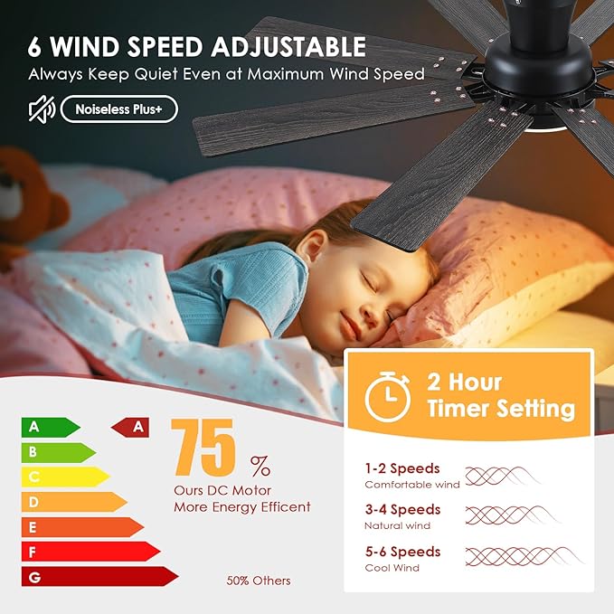 Mpayel Ceiling Fans with Lights, 52 Inch Low Profile Flush Mount Ceiling Fan, Modern Black Ceiling Fan with Light for Bedroom Living Room, Remote/APP Control, Quiet DC Motor, Dimmable, 8 Wood Blades