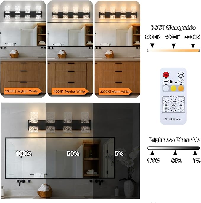 Modern Matte Black 4 Lights Bathroom Vanity Light, Eleglant LED Bathroom Light Fixtures Over Mirror, Dimmable Acrylic Shade Wall Lighting Fixtures, Hardwired Wall Light(H9.25in, L28.35in)