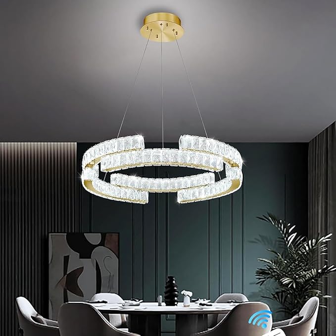 16in Modern Gold Ring Chandelier for Living Room Dinning Room immable Led Crystal Pendant Light Dimmable 3000k-6000k