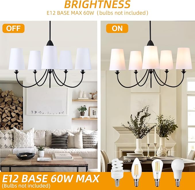 Black Chandelier,5-Light Vintage Farmhouse Chandeliers for Dining Room with White Fabric Shade,30" Modern Industral Chandelier Light Fixture for Bedroom Foyer Porch Living Room Kitchen entryway