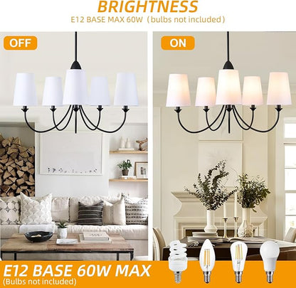 Black Chandelier,5-Light Vintage Farmhouse Chandeliers for Dining Room with White Fabric Shade,30" Modern Industral Chandelier Light Fixture for Bedroom Foyer Porch Living Room Kitchen entryway