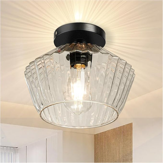 FRIDEKO HOME Semi Flush Mount Ceiling Light - Glass Hallway Lighting Fixtures Ceiling Black Ceiling Light Fixture for Hallway Bedroom Kitchen Bathroom Entryway (Black)