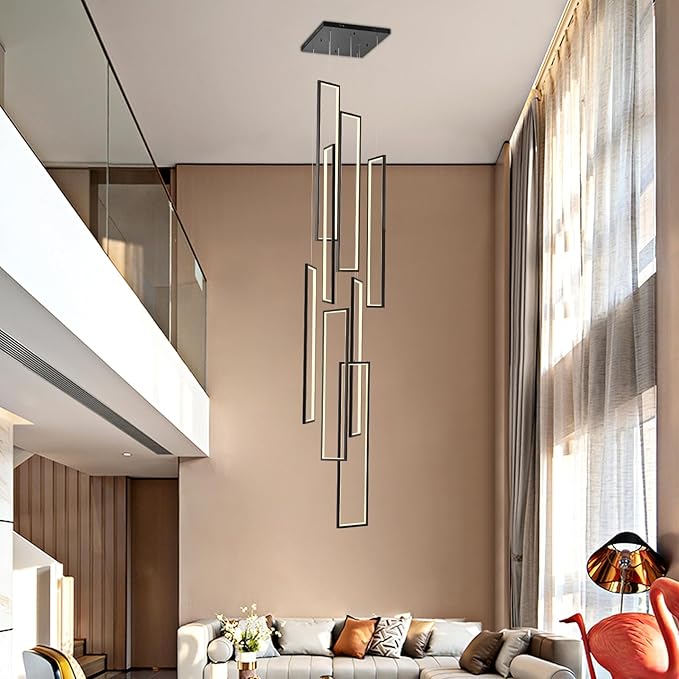 GEADI Foyer Chandelier for High Ceilings, 8-Light Modern Dimmable LED High Ceiling Pendant Light Fixture with Remote Control, Black Large Chandelier for Entryway, 3000-6500K