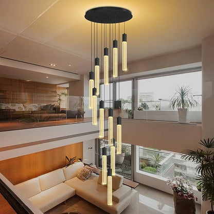 Luxury 12 Light Modern Crystal Pendant Light - 118" High Ceiling Black LED Dimmable Pendant Light for Bedside Island Kitchen Living Room