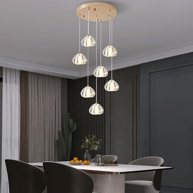 Modern Crystal Foyer Chandelier Entryway 7-Lights Gold, Raindrop Bubble Sphere LED Lighting Fixture for Staircase Living Room