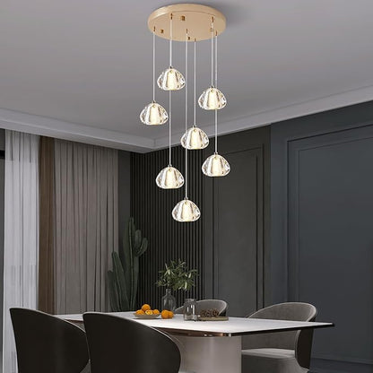 Modern Crystal Foyer Chandelier Entryway 7-Lights Gold, Raindrop Bubble Sphere LED Lighting Fixture for Staircase Living Room