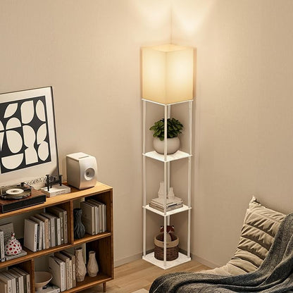 Gupuzm Floor Lamp with Shelves, 4 Layer Square Standing Lamp with 3 Color Temperature Bulb, Corner Display Bookshelf Lamp for Living Room, Bedroom and Office（White-2 Packs）