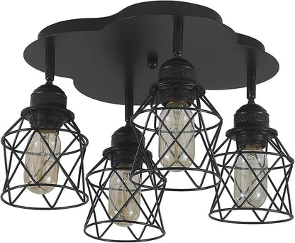 4-Lights Kitchen Light Fixtures Ceiling Mount, Adjustable Multi-Directional Black Flush Mount Ceiling Light Fixture, Vintage Metal Cage Farmhouse Lamp for Hallway, Dining Room, Farmhouse, Entryway