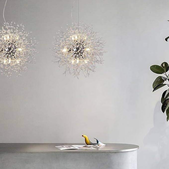 Small Dandelion Chandelier, 9 Lights Modern Firework Crystal Chandelier, Chrome Sputnik Pendant Light Fixture for Kitchen Island Dining Room Bedroom