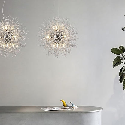 Small Dandelion Chandelier, 9 Lights Modern Firework Crystal Chandelier, Chrome Sputnik Pendant Light Fixture for Kitchen Island Dining Room Bedroom