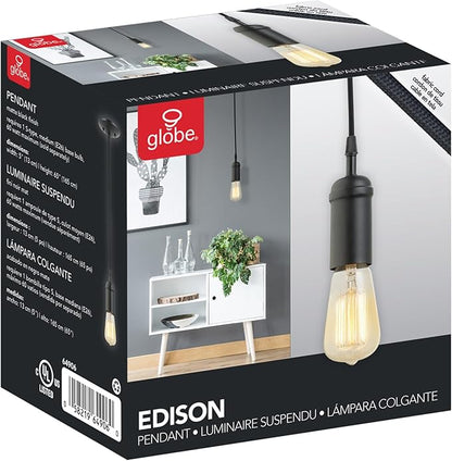 Globe Electric 64906 1-Light Pendant, Matte Black, Black Woven Fabric Cord, E26 Base Socket, Kitchen Island, Café, Decorative, Ceiling Hanging Light Fixture, Modern, Vintage, Bulb Not Included