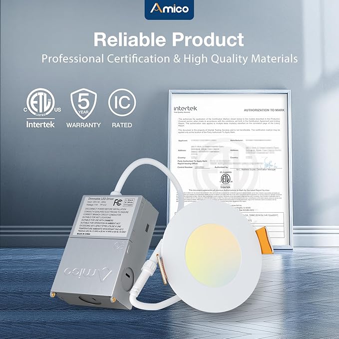 Amico 12 Pack 3 Inch 5CCT Ultra-Thin LED Recessed Ceiling Light with Junction Box, 2700K/3000K/3500K/4000K/5000K Selectable, 7W Eqv 60W, Dimmable Canless Wafer Downlight, 500LM High Brightness -ETL