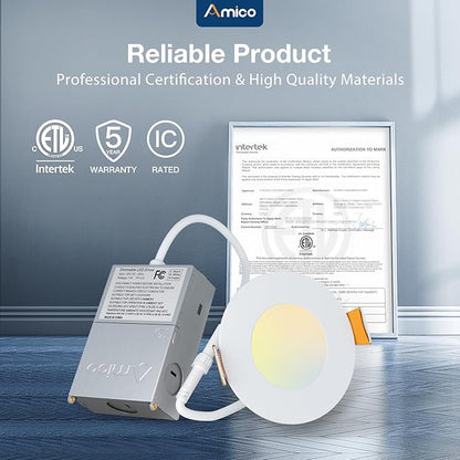 Amico 12 Pack 3 Inch 5CCT Ultra-Thin LED Recessed Ceiling Light with Junction Box, 2700K/3000K/3500K/4000K/5000K Selectable, 7W Eqv 60W, Dimmable Canless Wafer Downlight, 500LM High Brightness -ETL