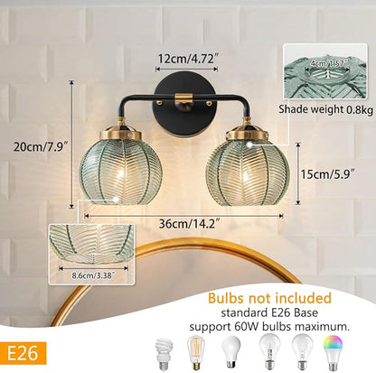 Mid Century Vanity Light Black Bathroom Wall Light Fixtures Green Glass Wall Sconce lamp Ribbed Glass Shade Modern Art Deco Vanity Lights for Over Mirror Bedroom Hallway 2 Lights