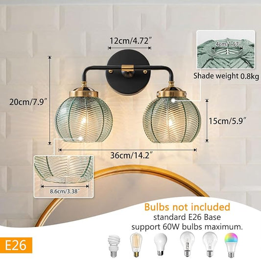 Mid Century Vanity Light Black Bathroom Wall Light Fixtures Green Glass Wall Sconce lamp Ribbed Glass Shade Modern Art Deco Vanity Lights for Over Mirror Bedroom Hallway 2 Lights