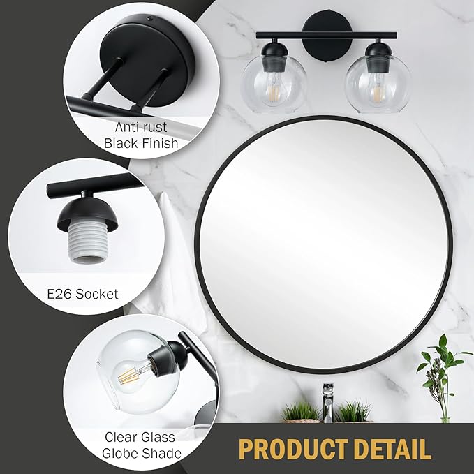 Black Bathroom Light Fixtures, 2 Light Bathroom Vanity Light with Globe Glass Shades, Modern Farmhouse Vanity Lights Over Mirror, Matte Black Wall Lights for Bedroom Restroom, E26 Socket