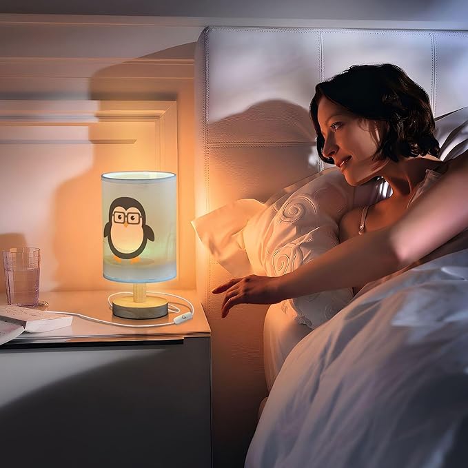 Cute Geek Penguin Table Lamp with Wood Base Fabric Lamp Shade Bedside Nightstand Desk Lamp for Living Room Bedroom Kids Room Office