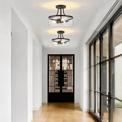 11.81" Black Semi Flush Mount Ceiling Light Modern Glass Light Fixture Industrial Hallway Lights 3-Light Close to Ceiling Light Fixtures for Entryway Bedroom Kitchen Dining Room Laundry Room Lighting