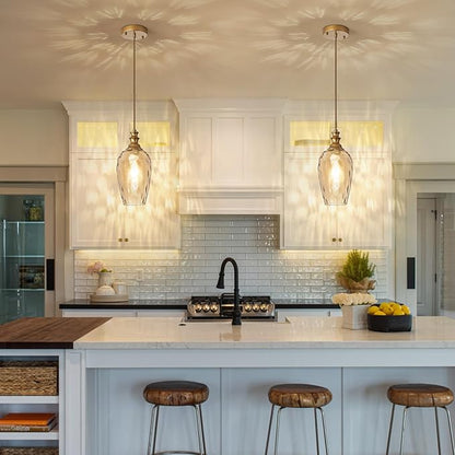 Pendant Lights Kitchen Island, Gold Pendant Light Fixtures Hanging Light Fixture Transparent Water Ripple Glass Lamp Shade Island Lights for Kitchen Living Dining Room Farmhouse Pendant Light