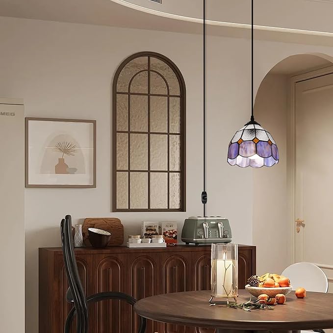 HuisMier Tiffany Style Plug in Pendant Light, 15 Feet Cord Stained Glass Hanging Lamp with Dimmable On Off Switch, Vintage Swag Ceiling Lamp for Dining Room Living Room Bedroom, 7.9" Width