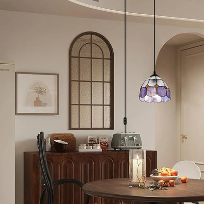 HuisMier Tiffany Style Plug in Pendant Light, 15 Feet Cord Stained Glass Hanging Lamp with Dimmable On Off Switch, Vintage Swag Ceiling Lamp for Dining Room Living Room Bedroom, 7.9" Width