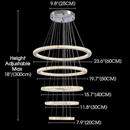 Modern Crystal Chandeliers for High Ceilings, 5 Rings Modern Led Chandelier Light Fixture 3 Colors Adjustable, Gold Chandelier for Foyer Dining Room Bedroom Living Room Staircase, D8"-12"-16"-20"-24"
